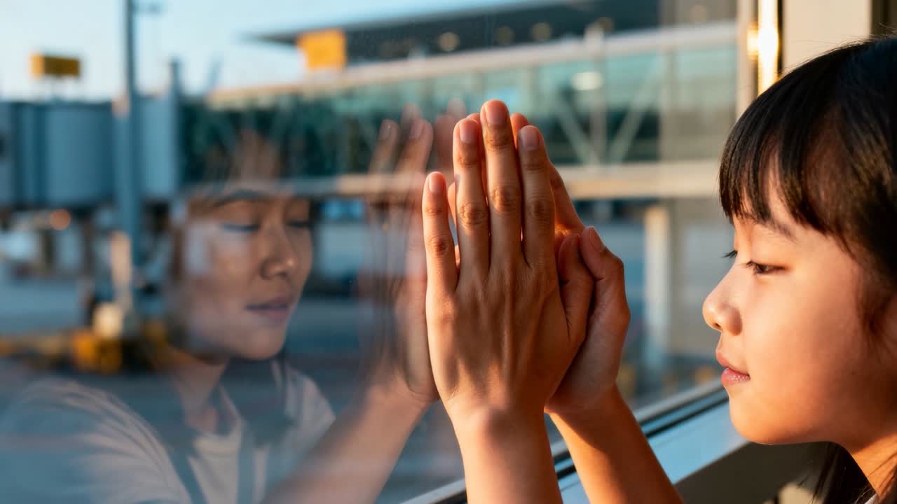 空港の窓に手のひらを押し付け、慰めを求める学齢期の少女。大人の姿が手のひらを映し出す。