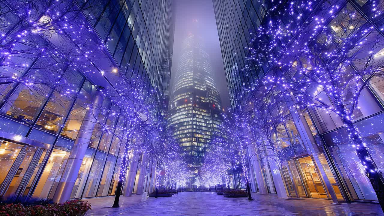 A Captivating View of Urban Nightlife: Luminous Purple Lights Adorn Misty Skyscrapers, Creating an Enchanting Atmosphere in a Modern Cityscape