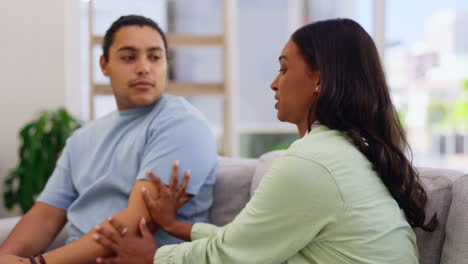 couple, argument and fighting in conflict on sofa