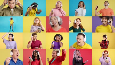 diverse people enjoying music with headphones and smartphones