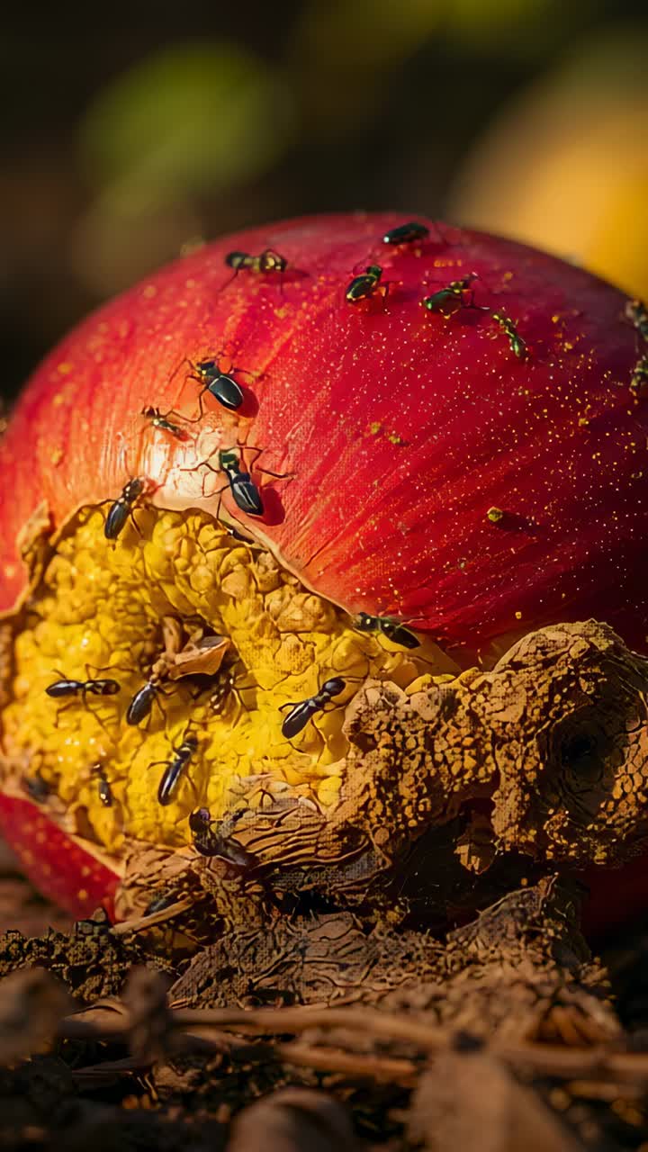 Vertical video: Rotting red fruit drawing small dark beetles feeding on yellow flesh on ground