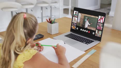 Composite-of-girl-using-laptop-for-online-lesson-at-home,-with-diverse-teacher-and-class-on-screen