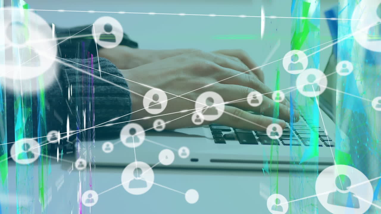 Animation of network of connections with icons over hands typing on keyboard
