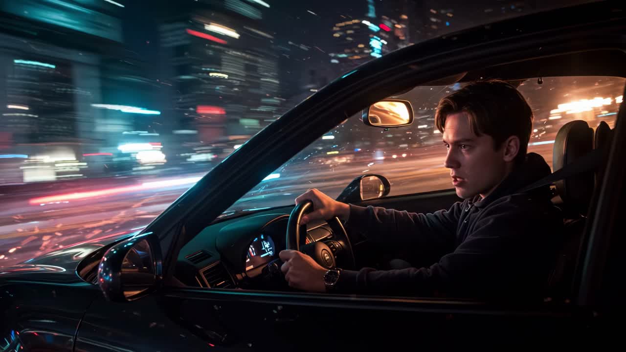 Navigating through the city streets at night reveals a dazzling display of colorful urban lights and dynamic motion, creating an exhilarating experience