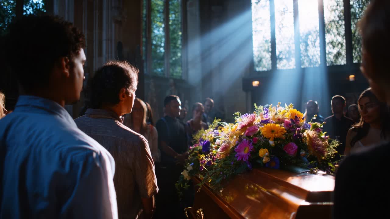 A Heartfelt Farewell: Family and Friends Gather to Honor the Life of a Loved One at a Beautifully Adorned Casket in a Serene Light-Filled Space, Emphasizing the Emotional Atmosphere of Remembrance and Loss