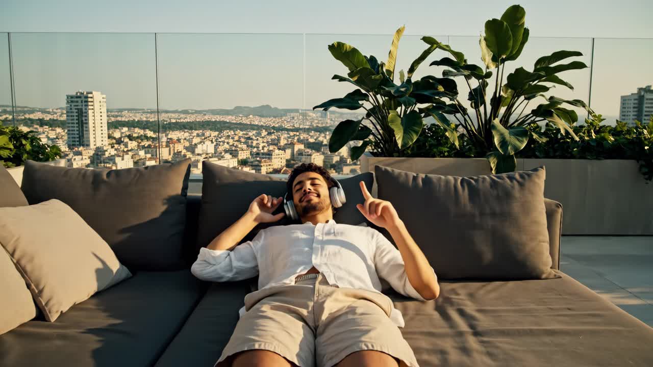 Man Relaxing with Headphones on Rooftop with City View