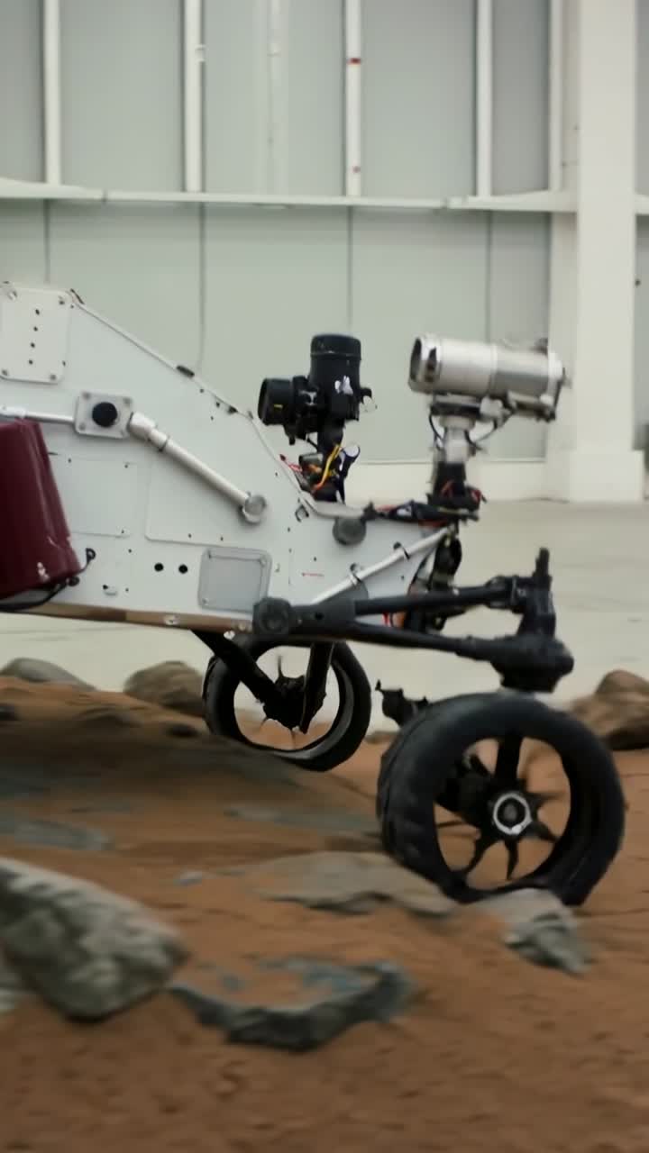 Vertikal video: Kører rover-testplatform fra start over sandet vejbane, tester rockerbogie-trækkraft.