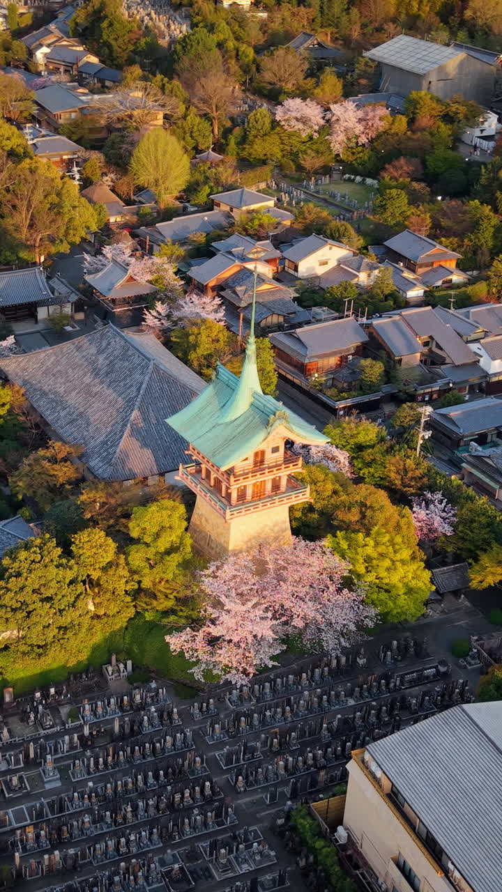 Aerial drone view of the Dai-un-in Gionkaku temple in daylight in Kyoto, Japan