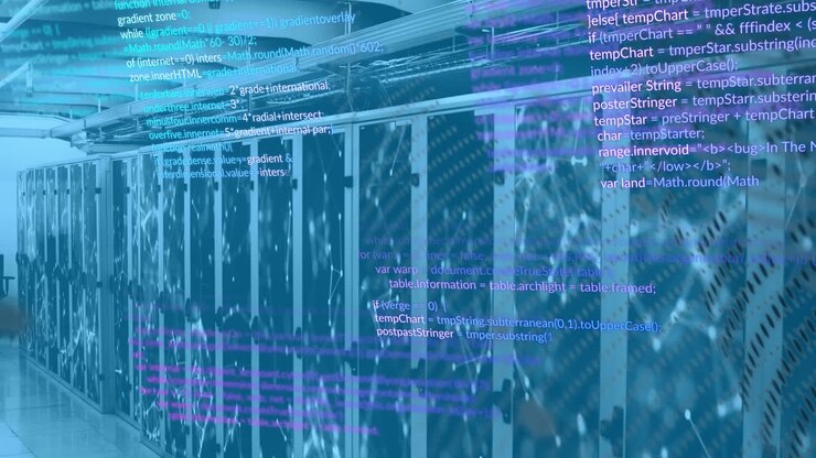 Animation of computer language, globe and connected dots over server room