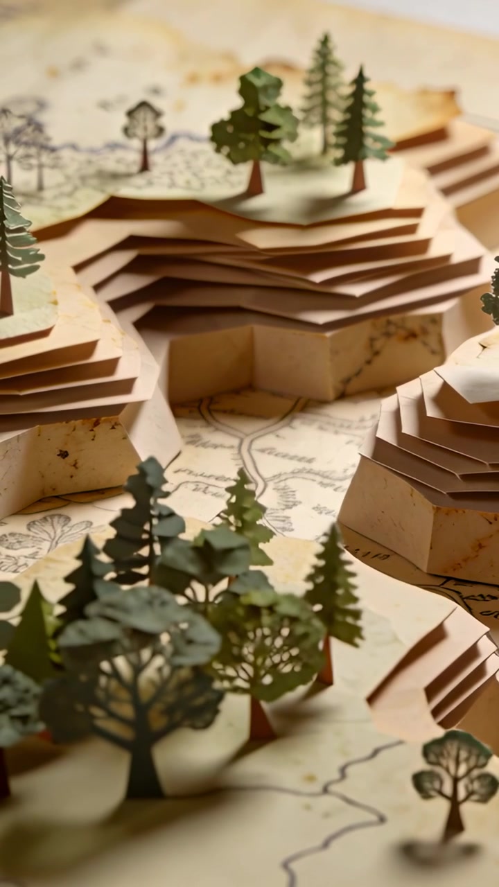 Vertical video: Camera panning across paper model on table, showing terraces, trees, map for study