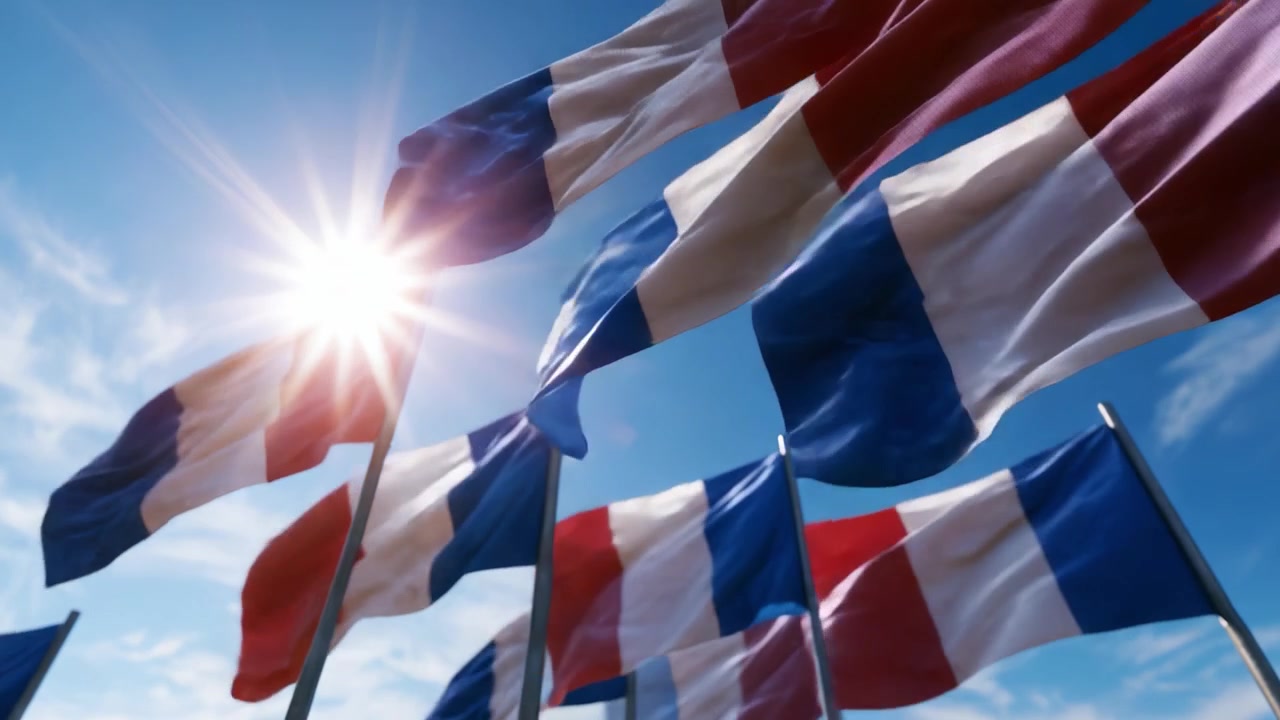 A Beautiful Display of French Flags Waves Gently Under a Bright Sun Against a Clear Blue Sky, Symbolizing National Pride and Unity in Vibrant Colors