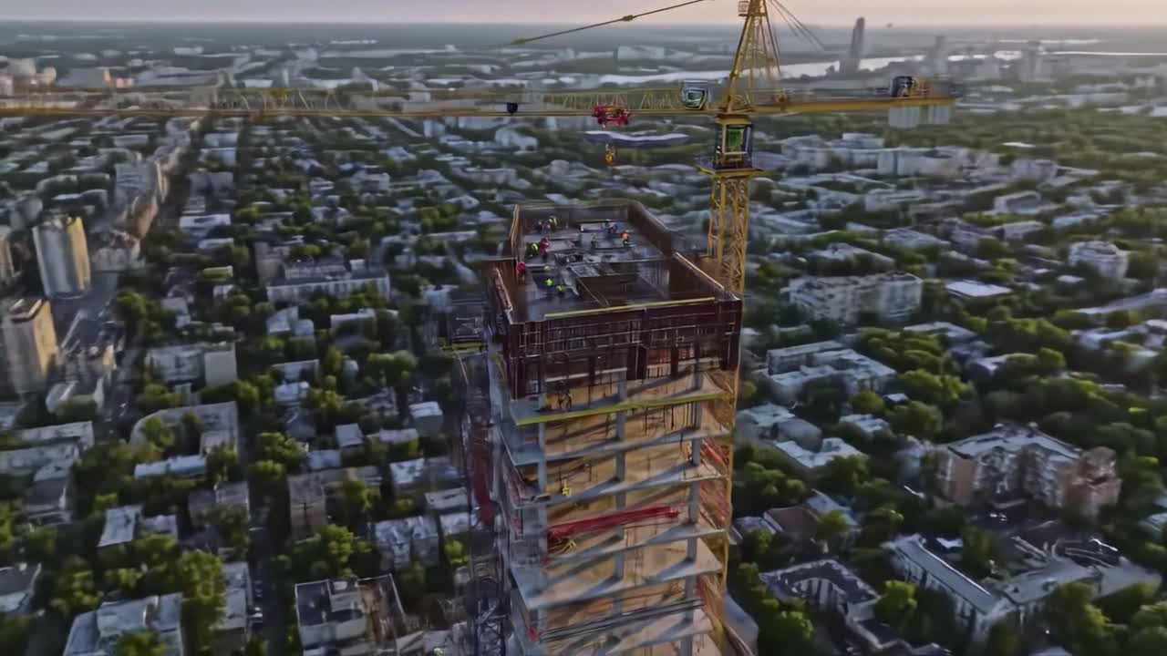 Aerial View of Urban Construction Project with Tower Crane and Cityscape at Sunset - A Journey Through Skyscraper Development and Urbanization