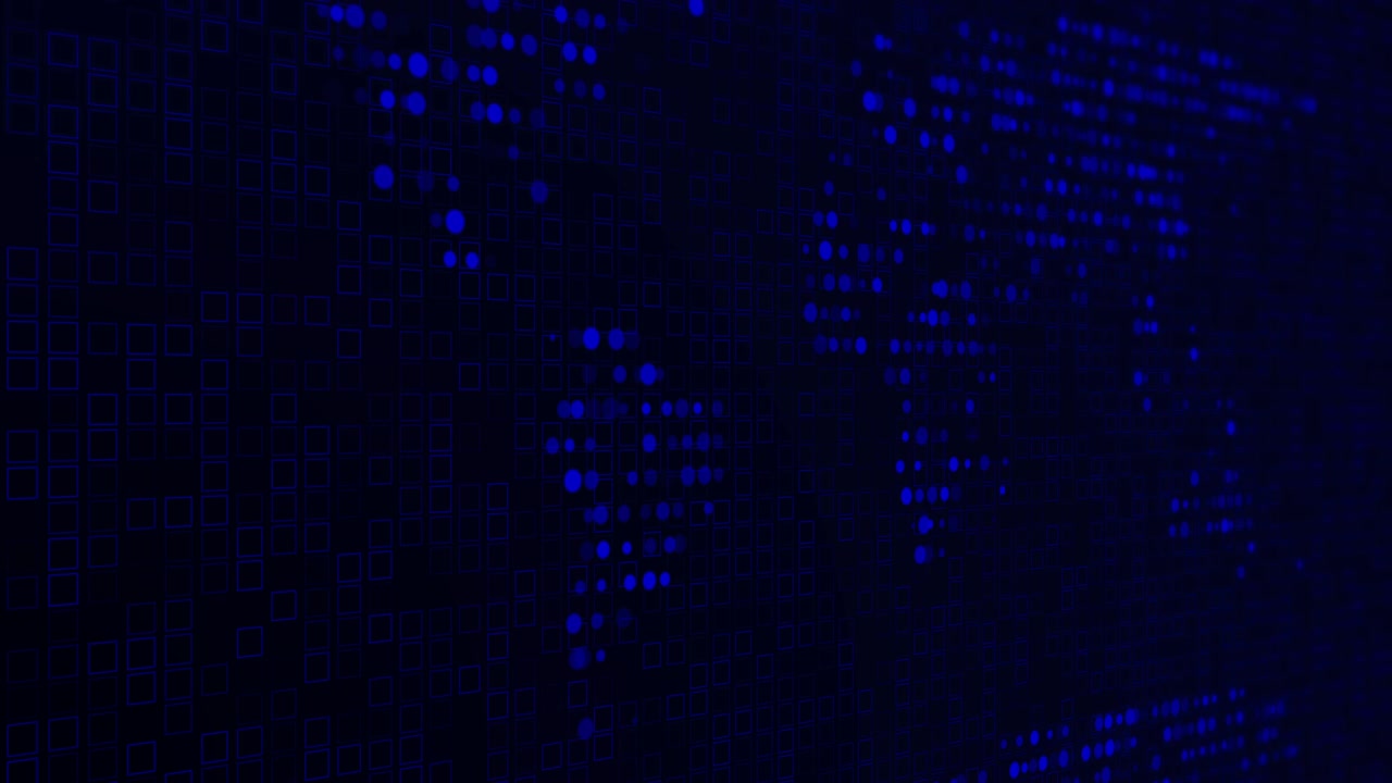 Digital World Map Made of Glowing Blue Data Pixels