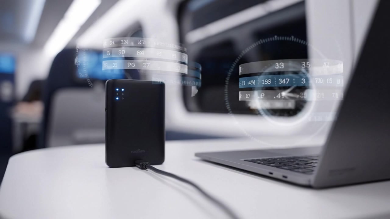 Portable Power Bank Charging a Laptop on a Modern Train: Efficient Energy Solution for Travelers with Advanced Display and Sleek Design