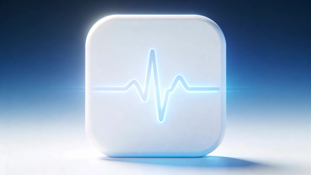 Impulso iniziale, icona bianca a quadrato arrotondato che pulsa e si ridimensiona su un tavolo chiaro, emettendo un bagliore ECG.