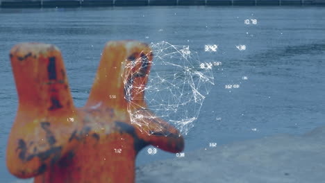 geometric network and data points animation over rusted metal structure by water