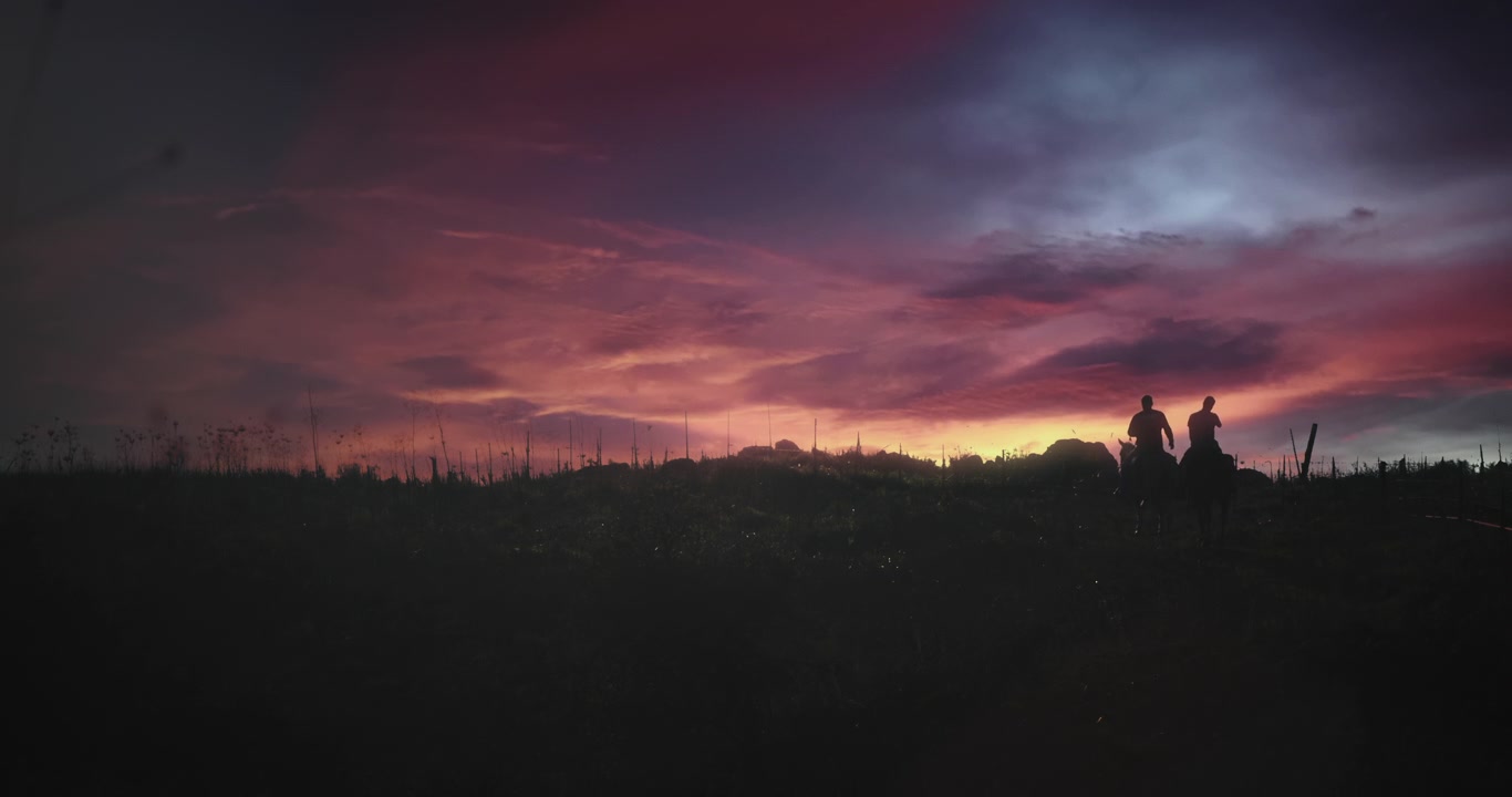 Silhouette of two horse rides off into the magical sunset with golden-pink colorful sky.