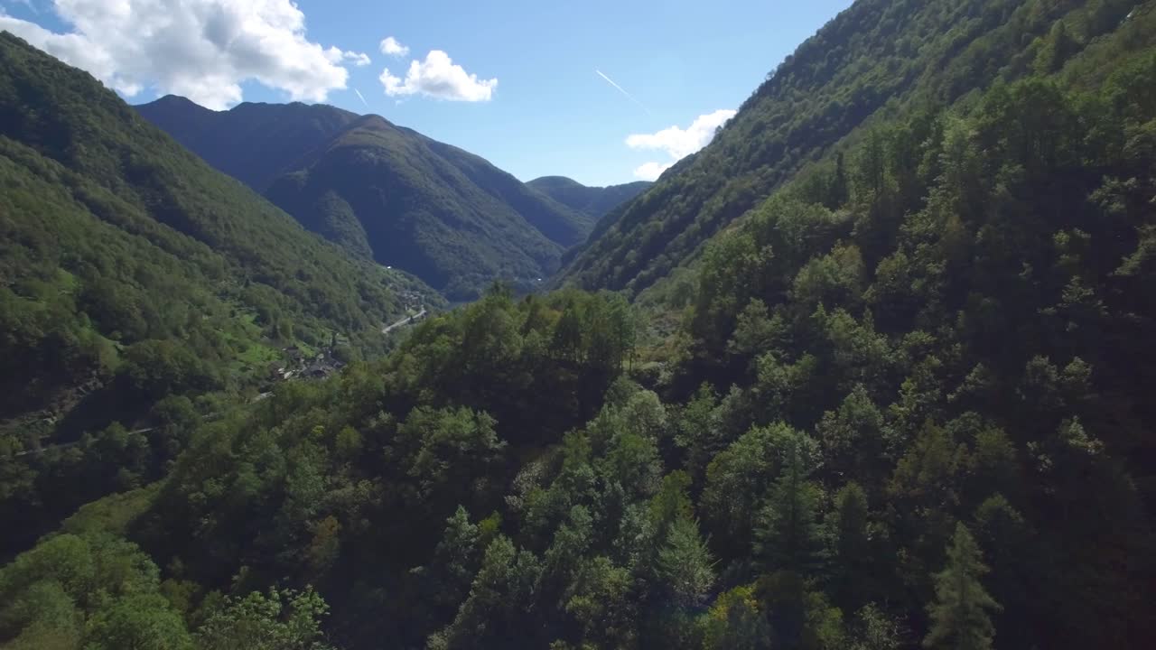 vista aérea sobre el valle de verzasca en suiza, agua azul y árboles verdes en cada sitio