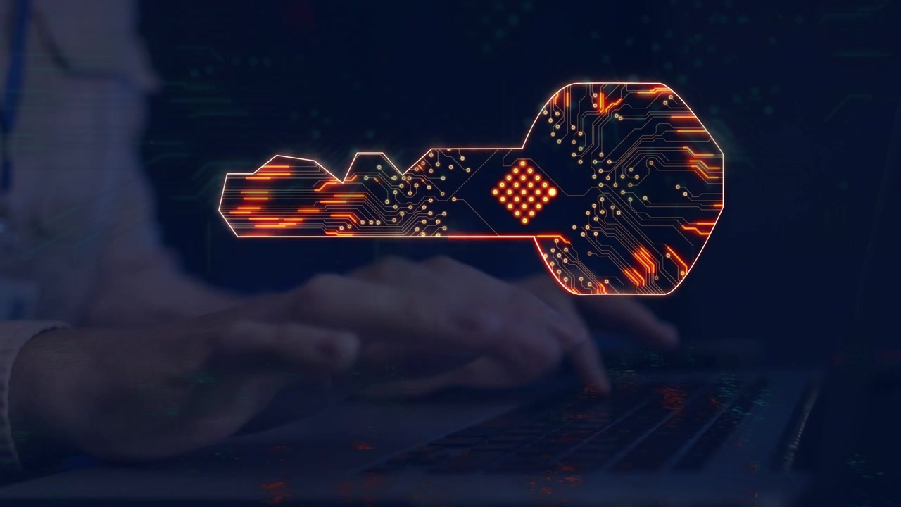 Overlay appearing while woman typing laptop keyboard in cybersecurity scene, digital key glowing