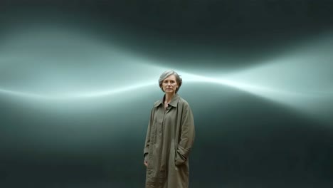 woman in trench coat against abstract background