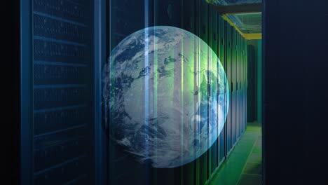 animation of a globe against computer server room