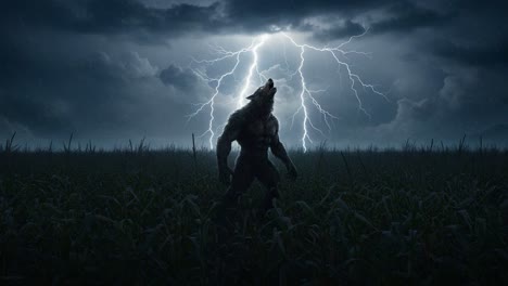 a terrifying werewolf stands tall in a dark, stormy landscape, howling defiantly at the ominous lightning that illuminates the night sky, surrounded by an eerie cornfield