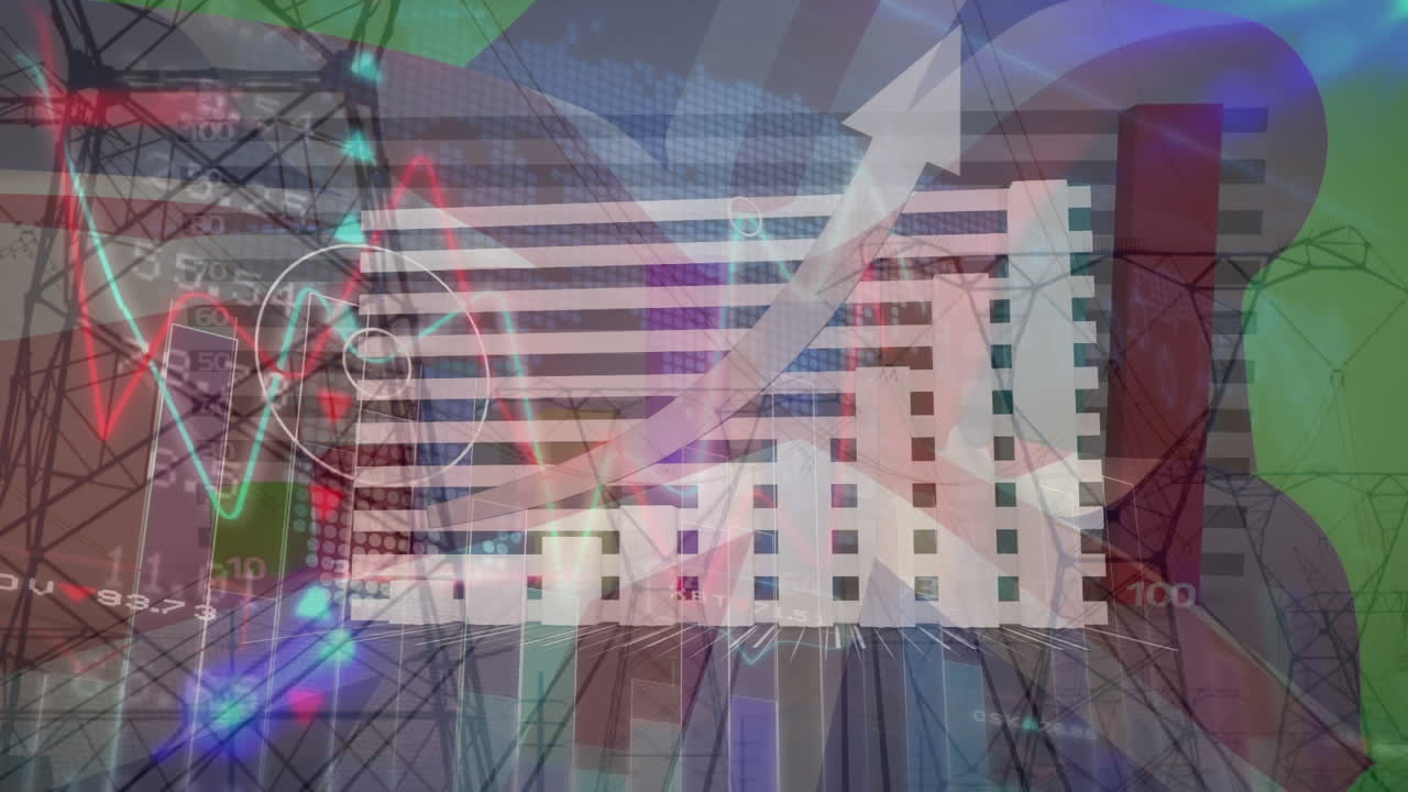 анимация финансовых данных, флаг великобритании над электрическими столбами