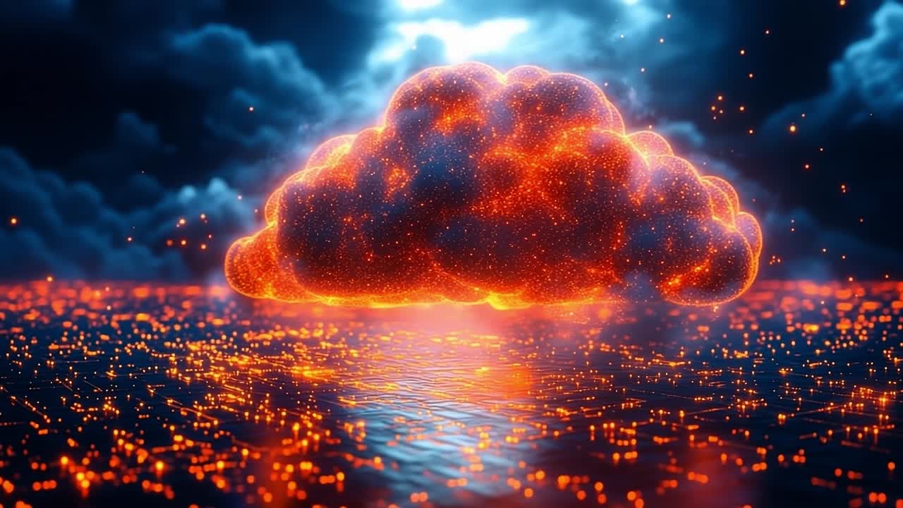 Bright volcanic cloud lights up. A vibrant volcanic cloud glows above a shimmering digital landscape during twilight, creating a surreal atmosphere.