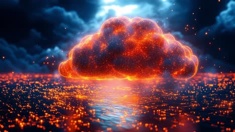 bright volcanic cloud lights up. a vibrant volcanic cloud glows above a shimmering digital landscape during twilight, creating a surreal atmosphere.