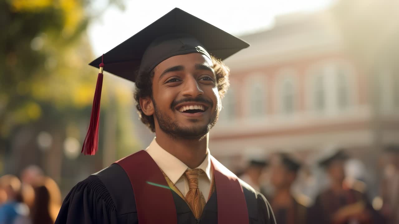 A joyful graduate in cap and gown smiles in a close-up shot, with a blurred campus background