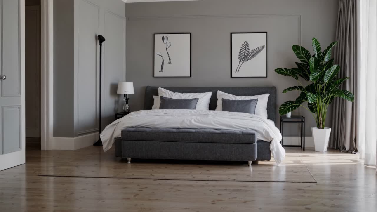 Camera da letto minimalista con uno stile moderno, caratterizzata da una visuale grandangolare