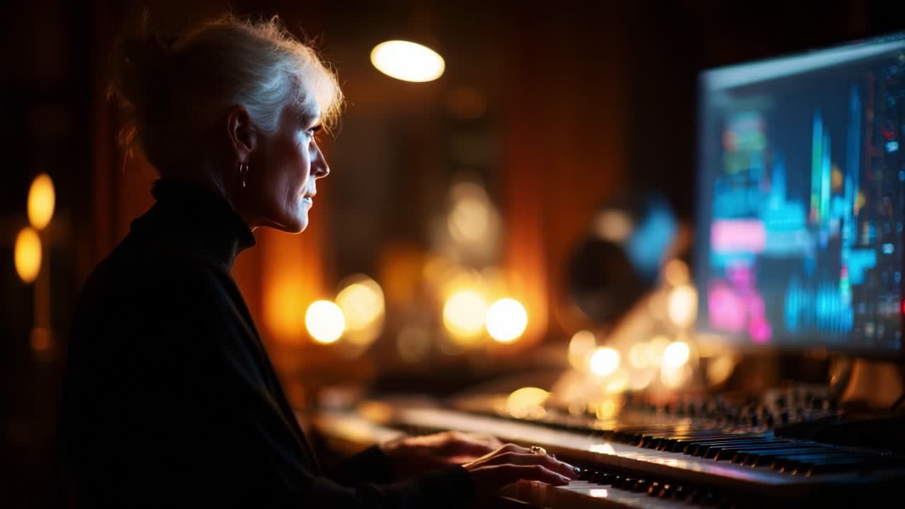 A musician plays a keyboard in a dimly lit room, surrounded by soft glowing lights emanating from various sources, creating an intimate and thoughtful atmosphere for creativity