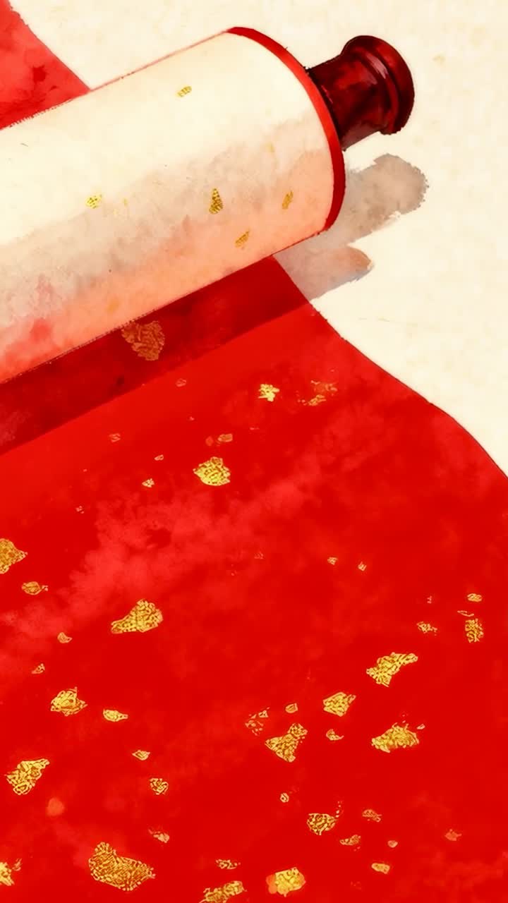 Traditional Oriental Scroll Unrolling with Red and Gold Flakes