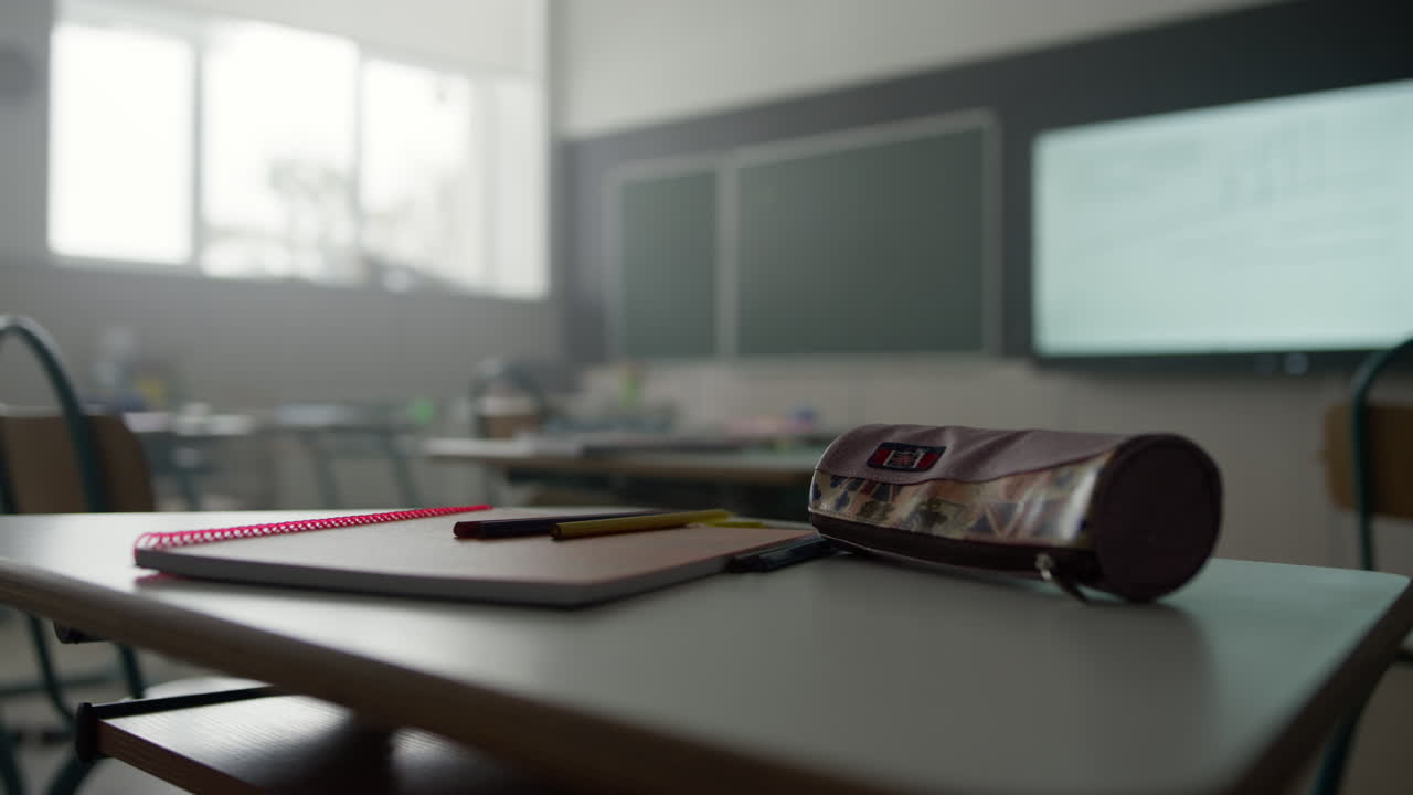 Notebook, pens and pencil case on desk in classroom. School supplies on table