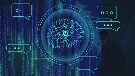 Animation of ai data processing over caucasian man by computer servers