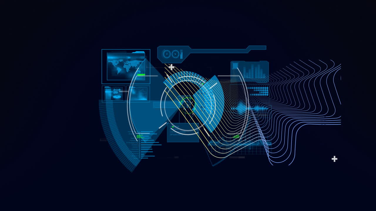 Animation of digital interface with data processing over dark background