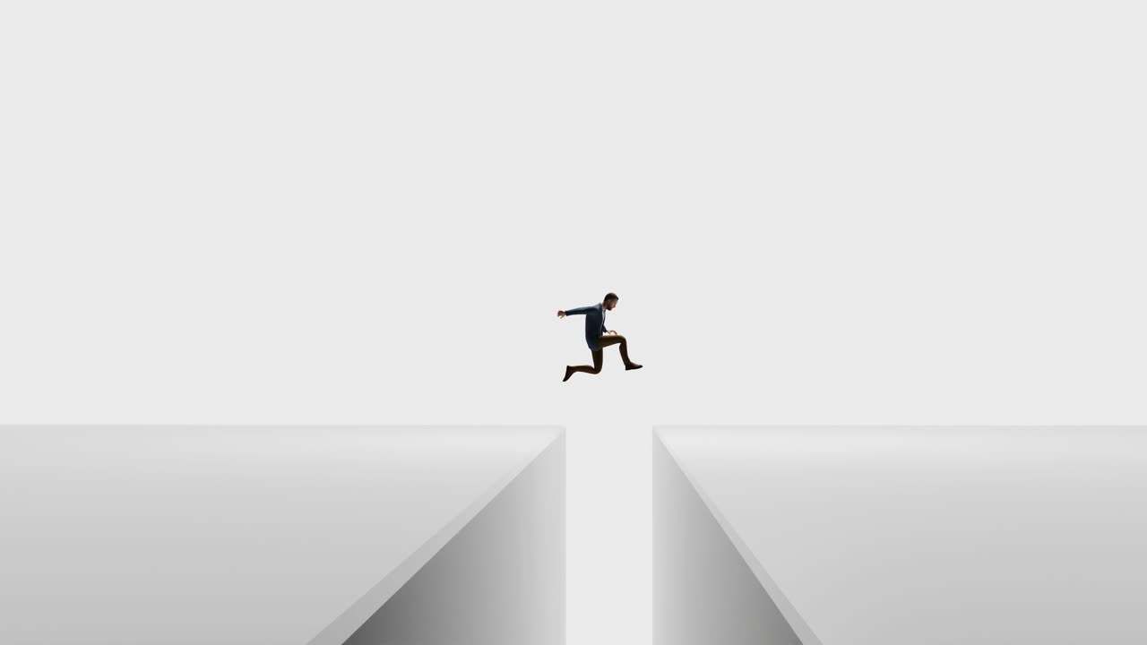 Businessman Running and Jumping Over a Gap