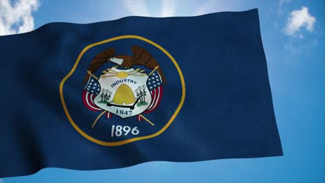 utah flag on a flagpole waving in the wind, blue sky background. 4k