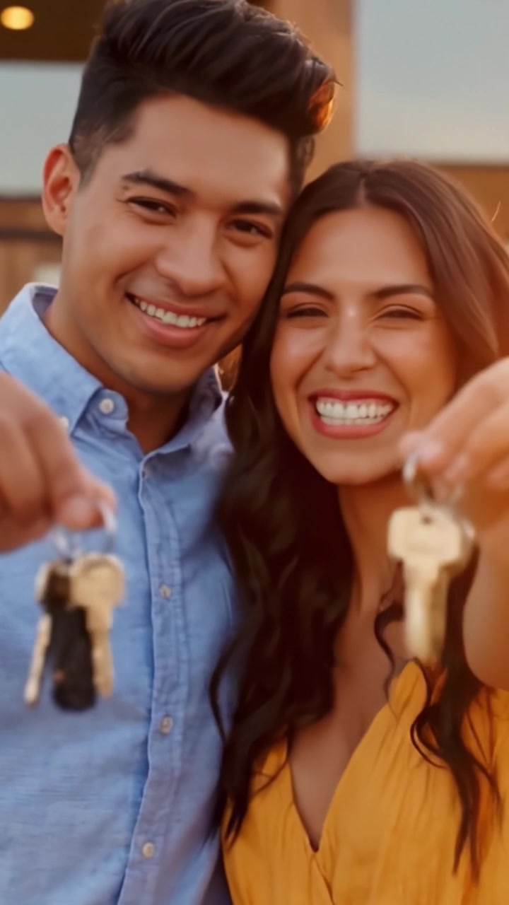 Celebrando un nuevo capítulo juntos: Una pareja feliz mostrando con alegría las llaves de su nuevo hogar en un cálido entorno exterior, abrazando un futuro brillante.