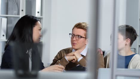 female financial consultant explaining business plant to clients at office