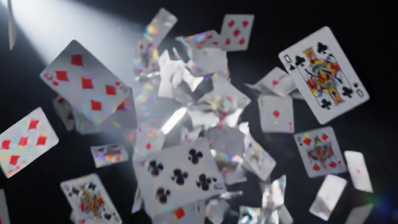 Uno spettacolo ipnotizzante di carte da gioco che cadono sotto un riflettore drammatico, catturando l'atmosfera enigmatica circondata da mistici fasci di luce.