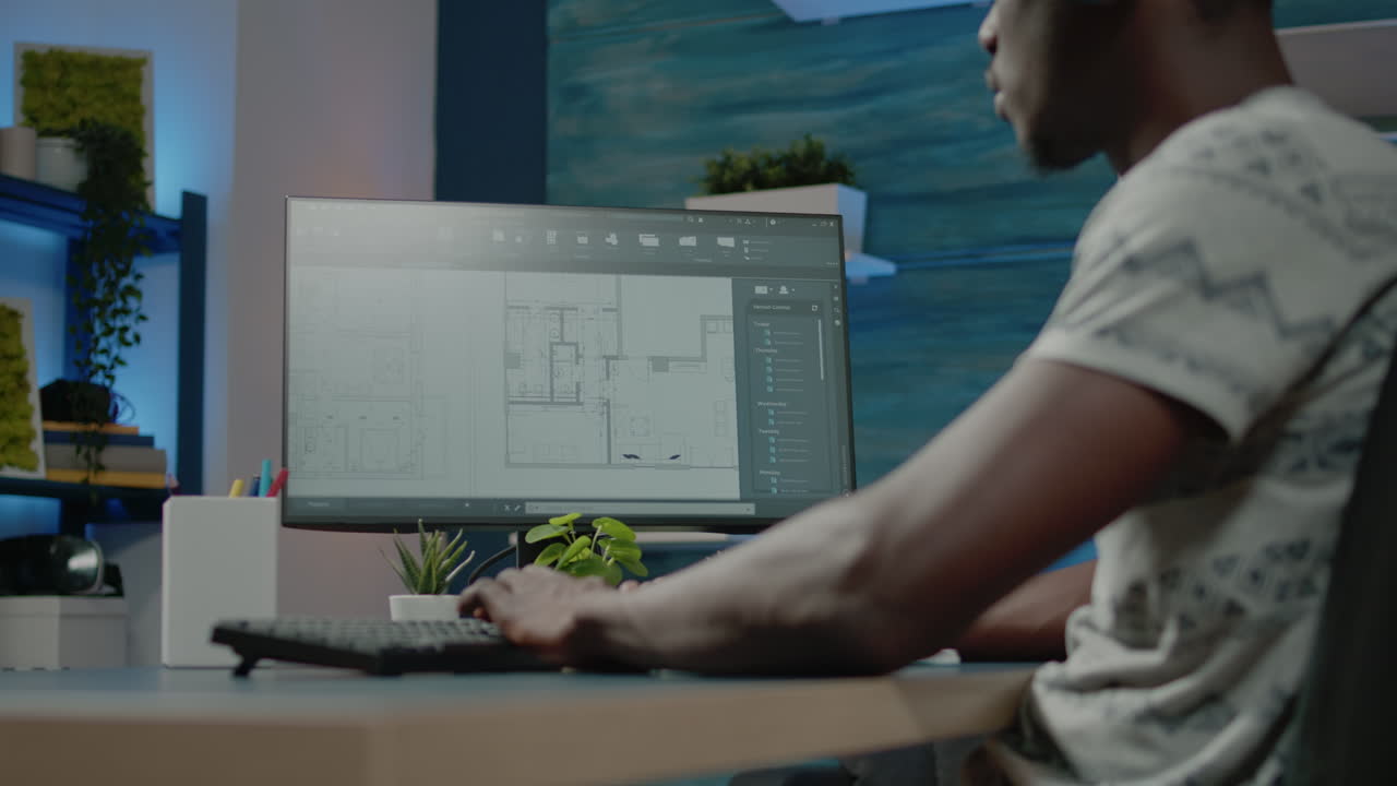 Person working with sketch of blueprint plan on computer
