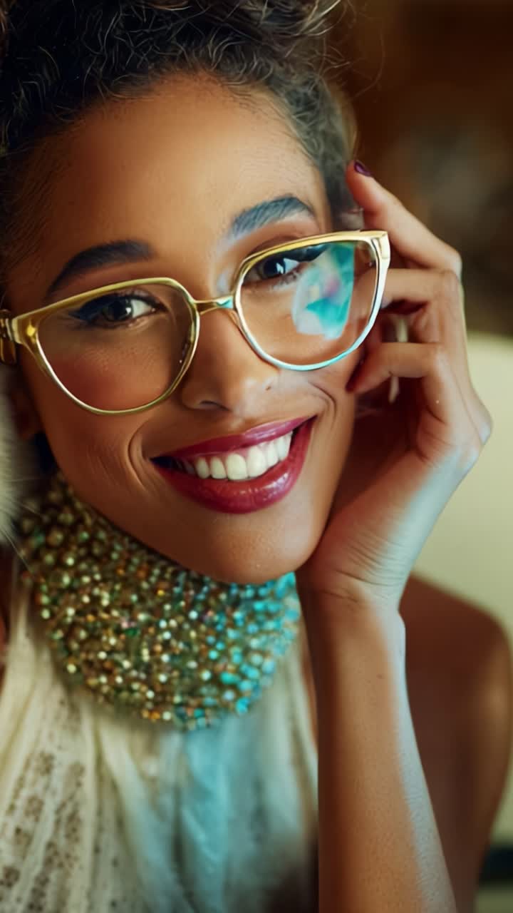 Sorrisos radiantes: um close-up de uma mulher elegante com óculos e acessórios incríveis, capturando alegria e confiança em cada quadro