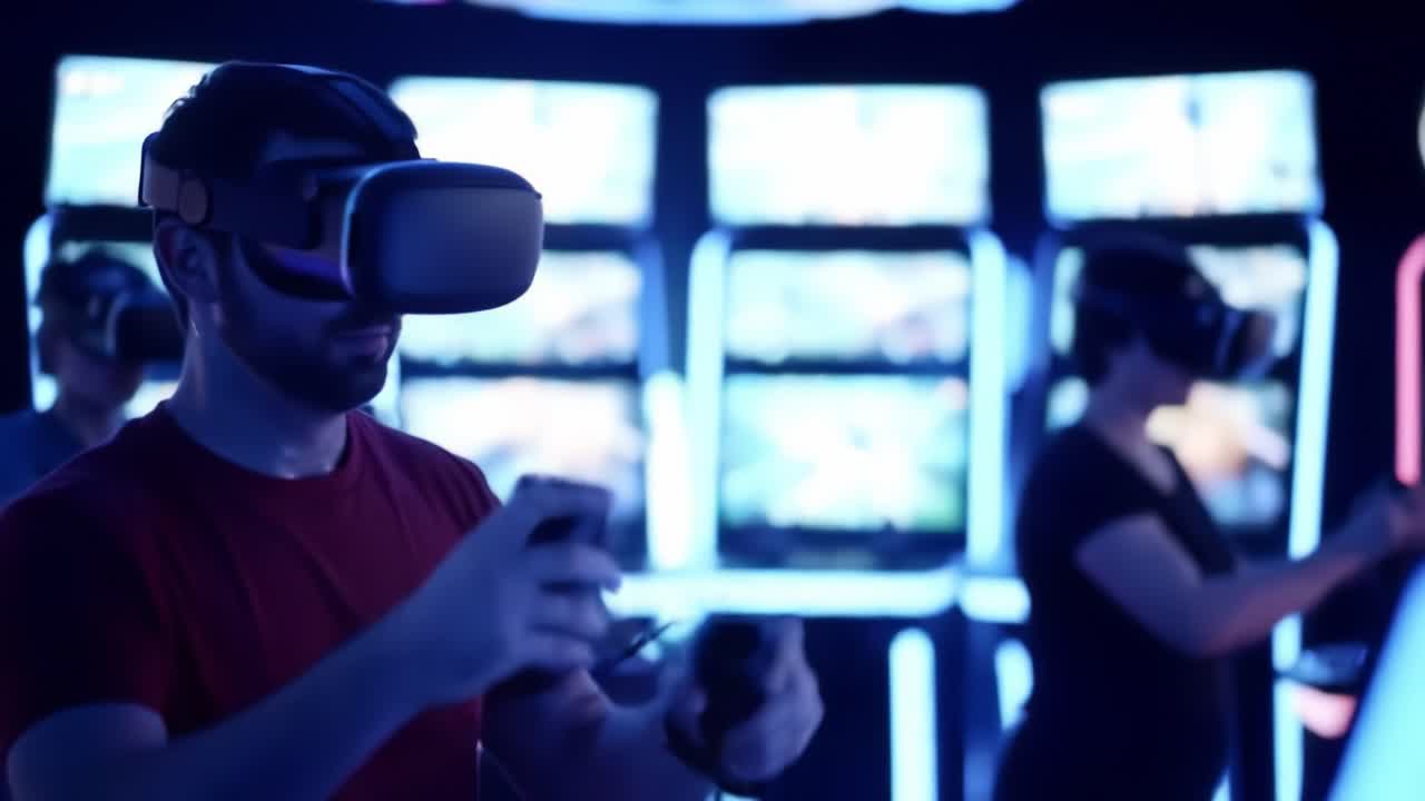 Immersive Virtual Reality Experience: Engaging Participants Wearing VR Headsets in a High-Tech Gaming Environment with Dynamic Lighting and Interactive Gameplay