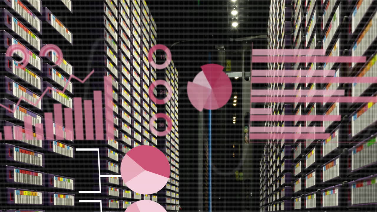 animación del procesamiento de datos financieros en el fondo de la red y los servidores.