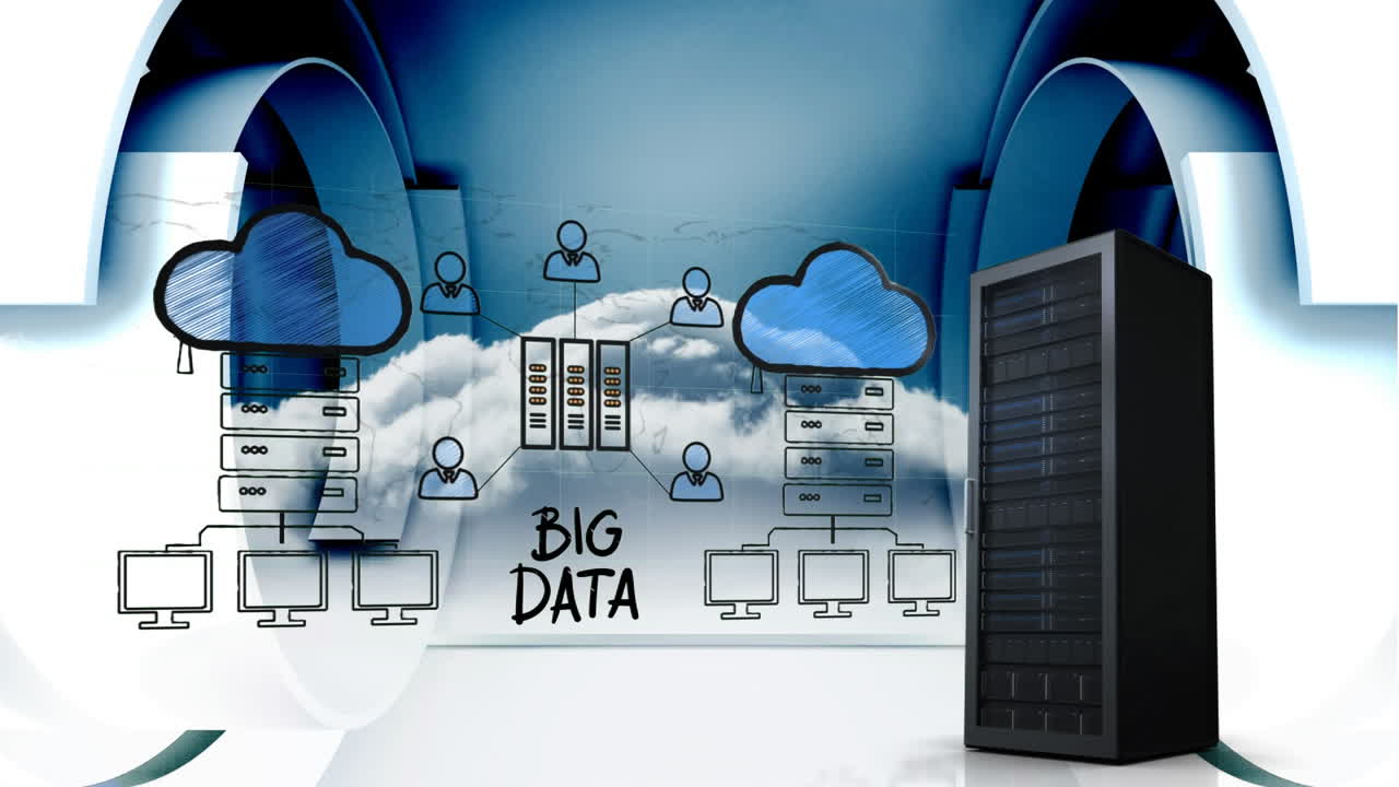 Server tower and an illustration of cloud storage