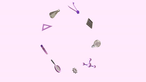 animación de iconos educativos en círculo con espacio de copia sobre fondo púrpura