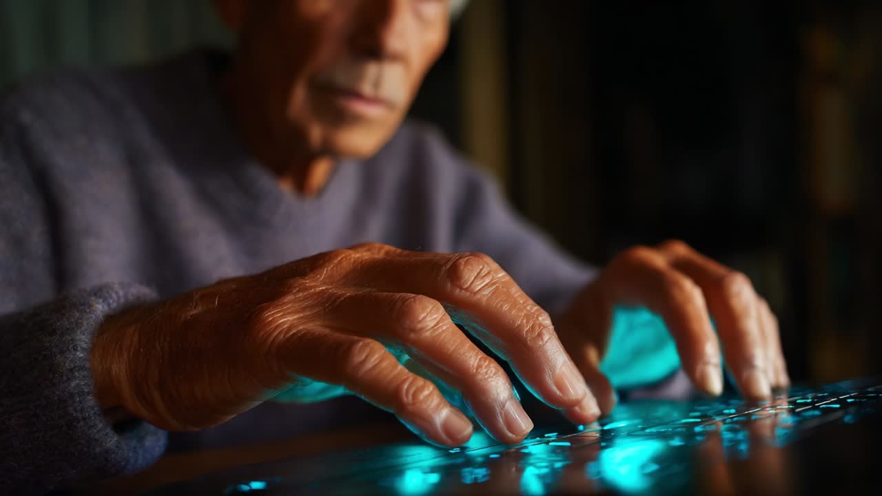 An elderly individual concentrates intensely while typing on a glowing laptop keyboard, showcasing the beauty of hands in motion that hint at wisdom, experience, and the connection to modern technology