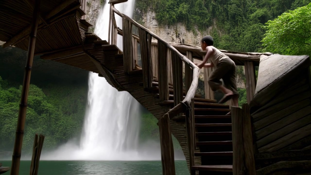 Climber ascends narrow wooden steps while holding the railing, with a broad waterfall dropping into a calm pool behind, surrounded by lush foliage, damp timber, spray, and shaded rock.