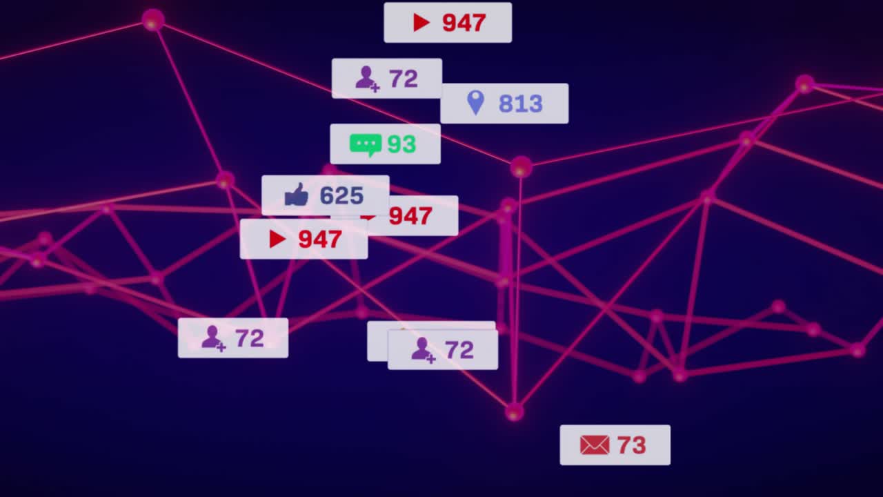 Magenta node network pulsing, spawning alert badges, pointer causing ripples showing activity